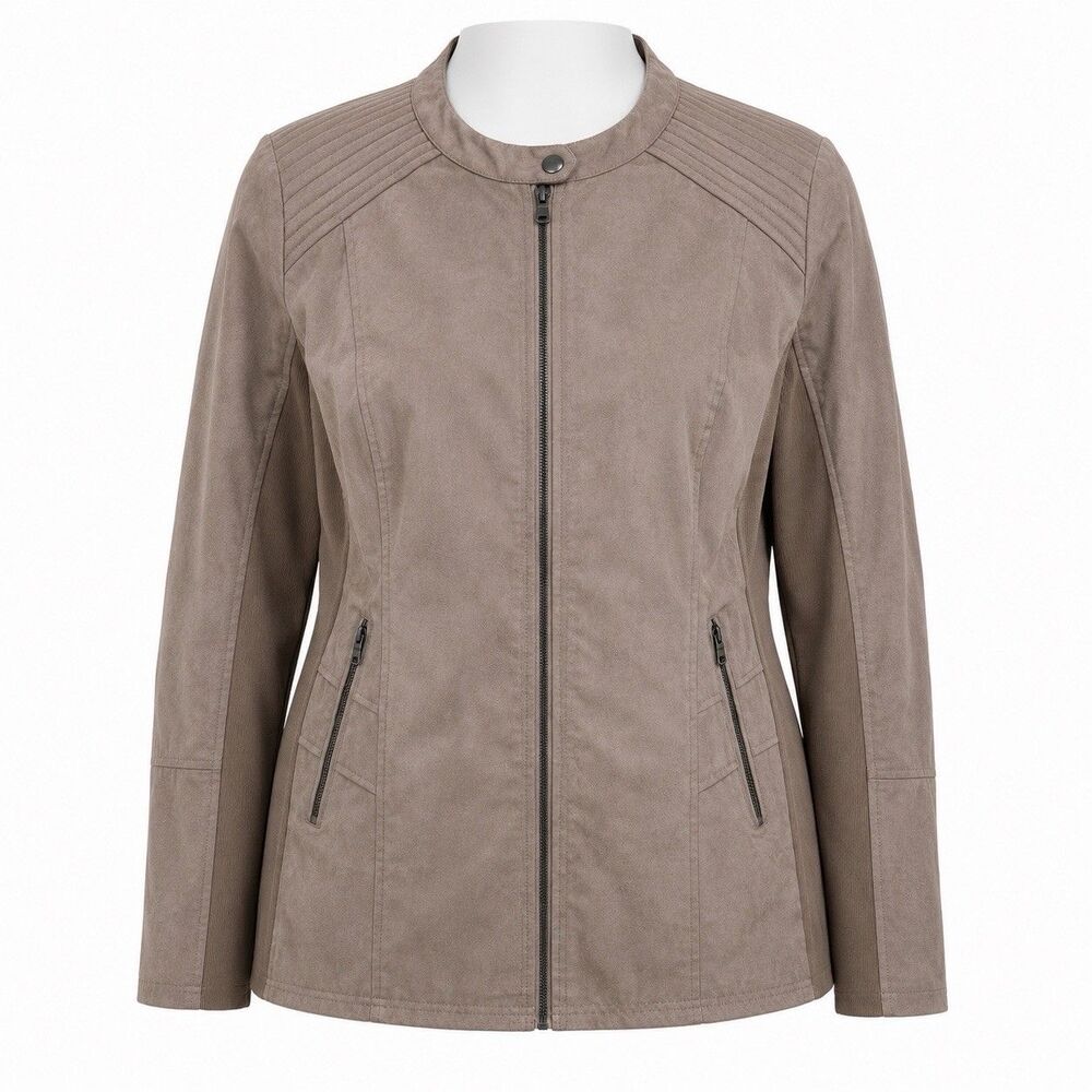 Catherines Women’s Faux Suede Jacket Taupe Brown Stretch Zip Plus Size